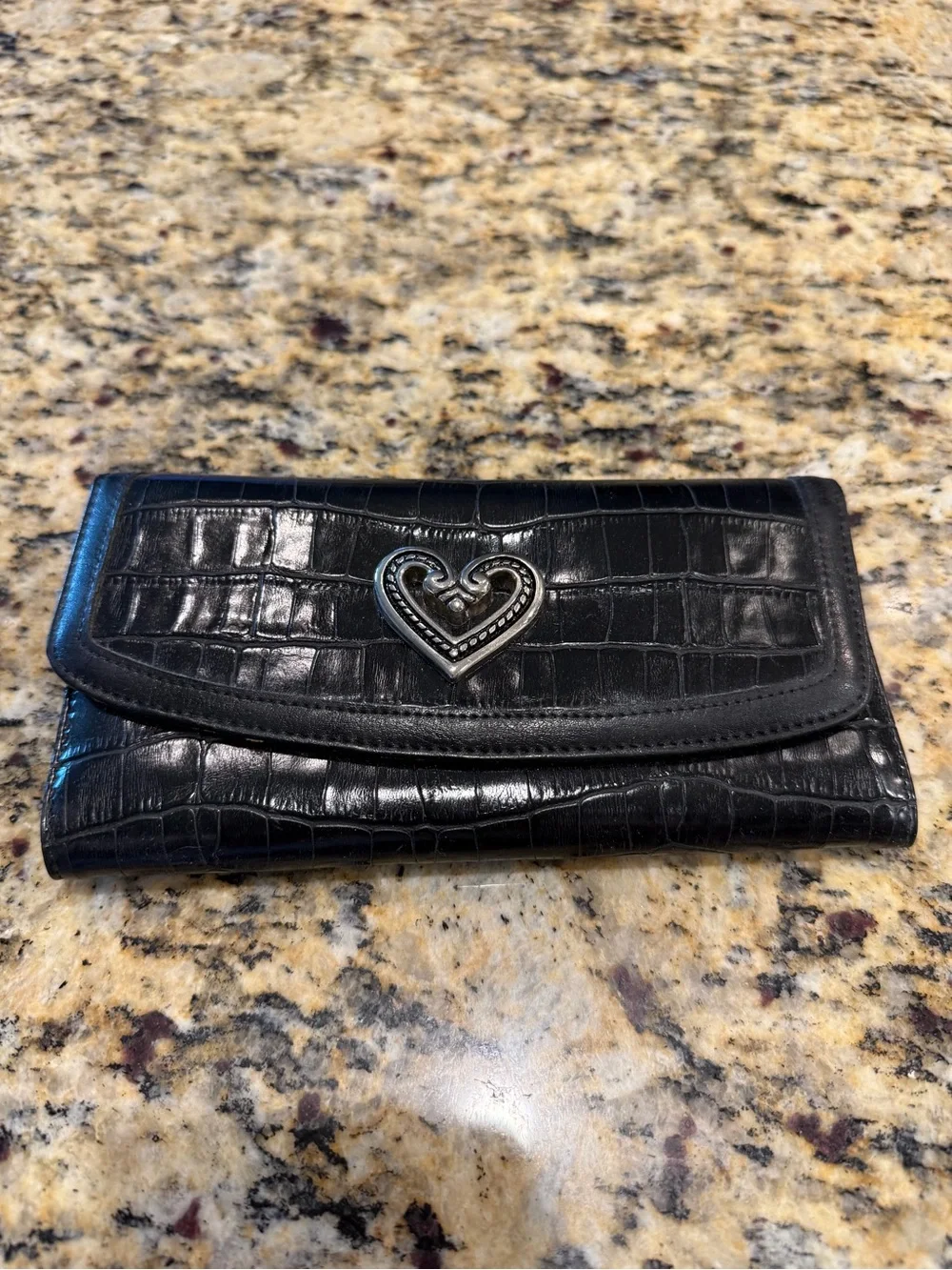 Brighton Black Croc-Embossed Heart Clasp Wallet